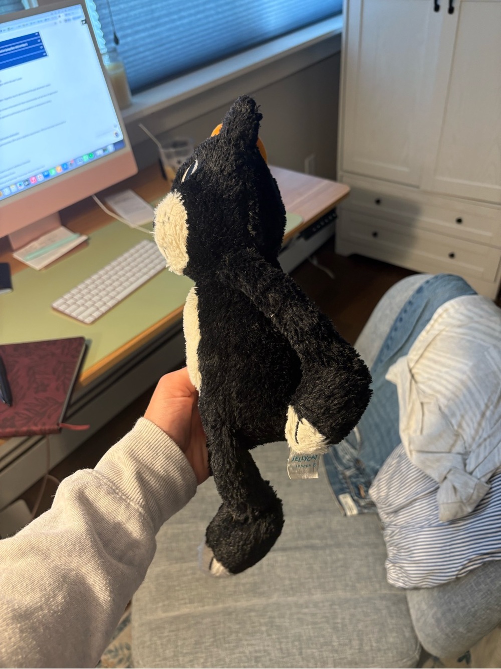 Jellycat Black and Cream Plush Cat with Orange Hat - Picture 2 of 4
